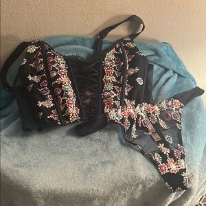 Floral Embroidered Navy Victoria's Secret Lingerie Set